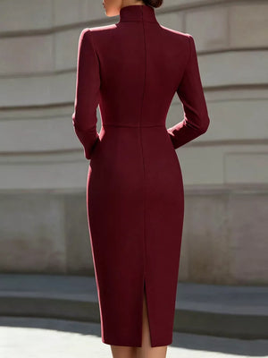 High Neck Long Sleeve Slit Dress in Light Blue
