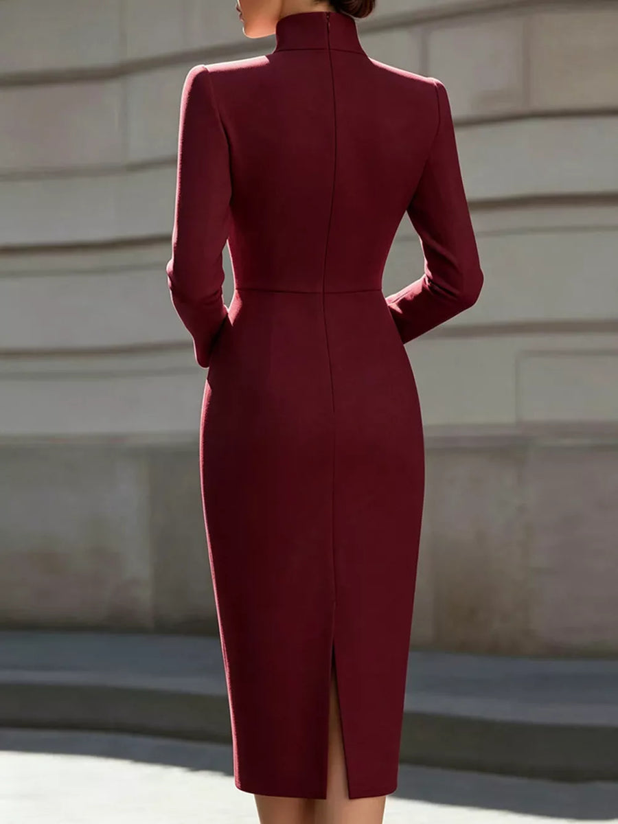 High Neck Long Sleeve Slit Dress in Light Blue