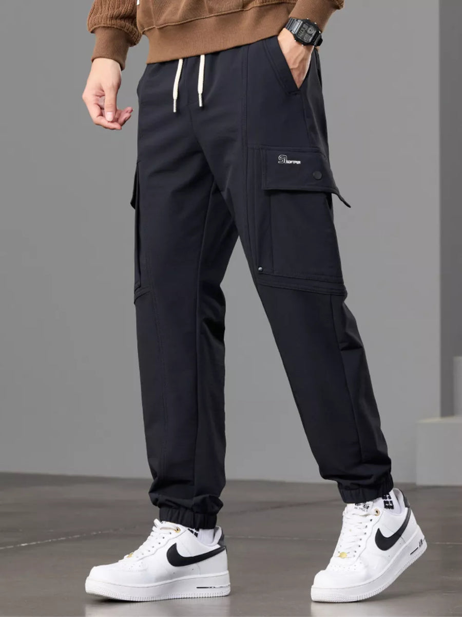 Men S Casual Cargo Pants With Drawstring Waist in Light Gray