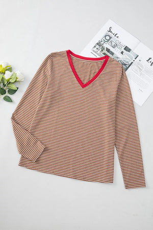 Sage with Stripe V Neck Stretchy Long Sleeve Top