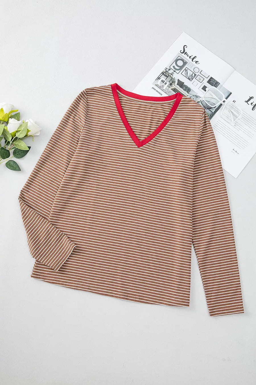 Sage with Stripe V Neck Stretchy Long Sleeve Top