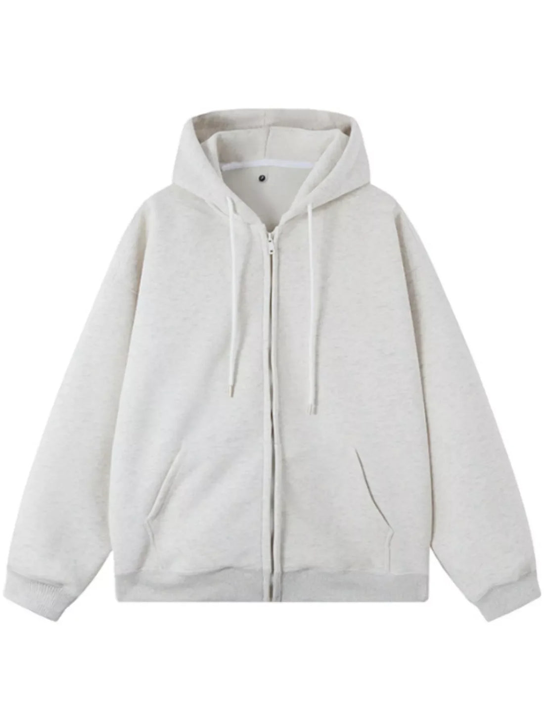 Casual loose fit zip-up hoodie in white gray with drawstring hood and front pockets.