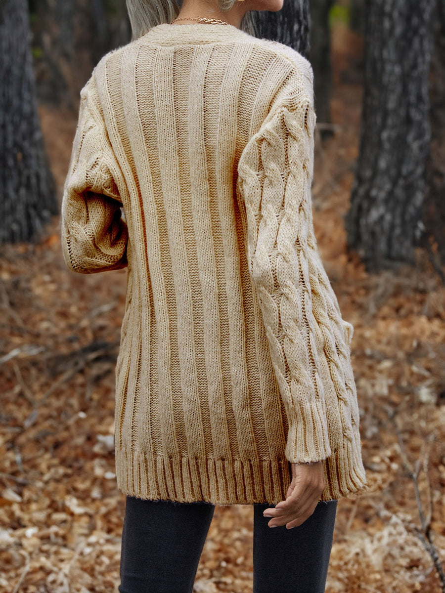 Cable knit sleeve cardigan in Chestnut with vertical ribbing and cuffed sleeves.