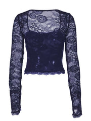 Navy blue lace t-shirt with square neckline, long sleeves, and scalloped hem.