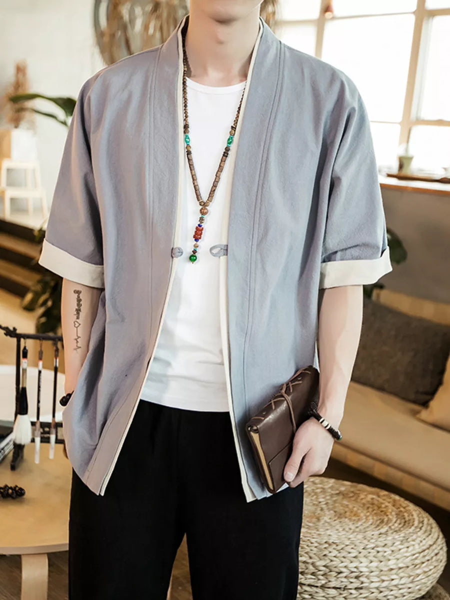 Light gray cotton half sleeve shirt with contrast trim and white cuffs.