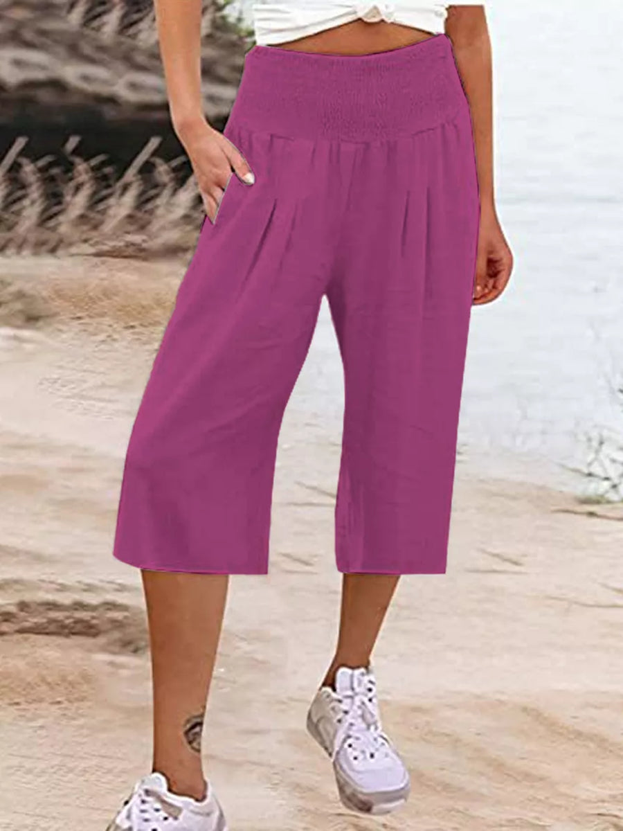 Purple linen blend cropped pants with smocked waist and pockets