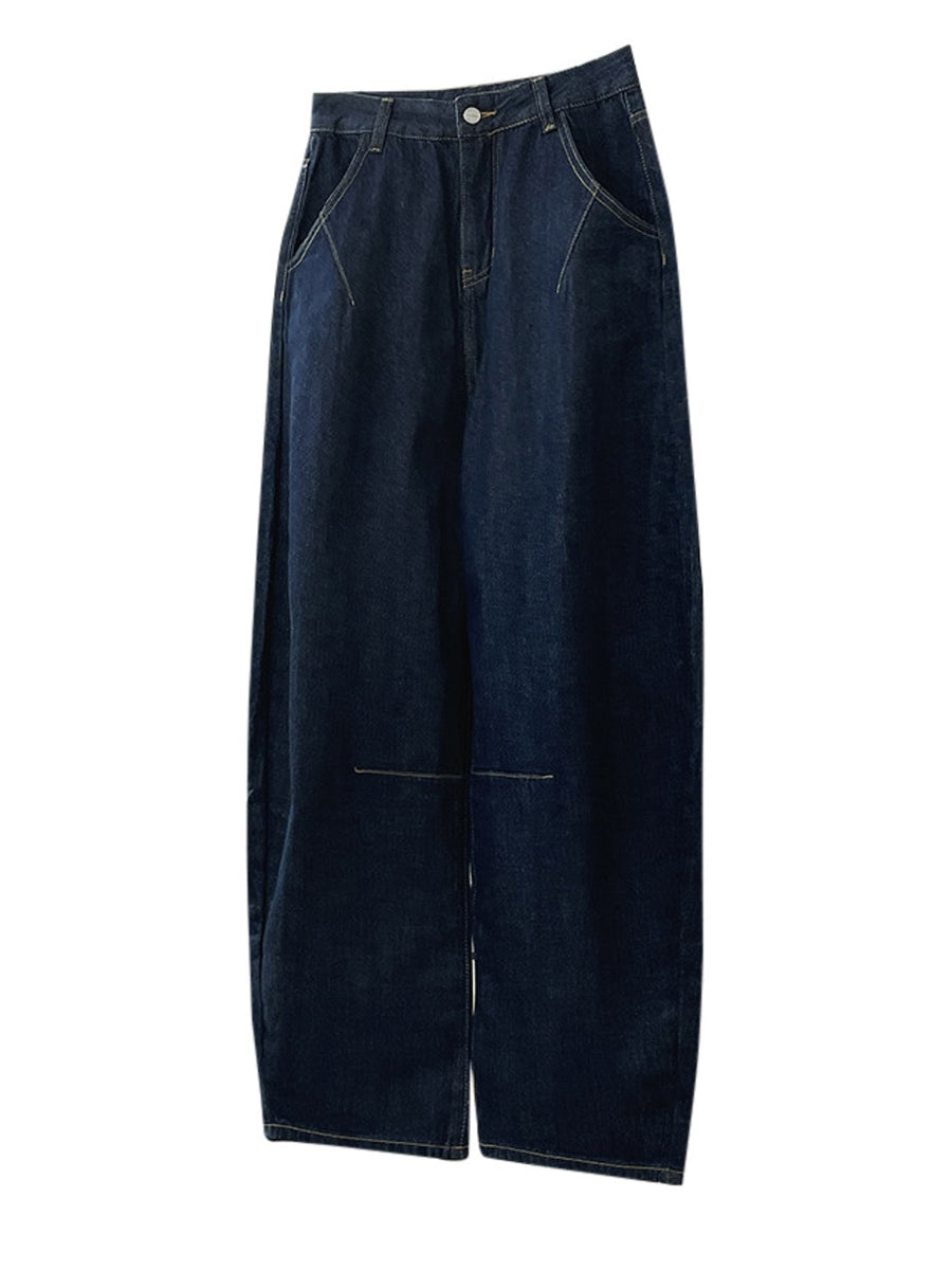 Dark Blue wide-leg jeans with full-length and zipper and button