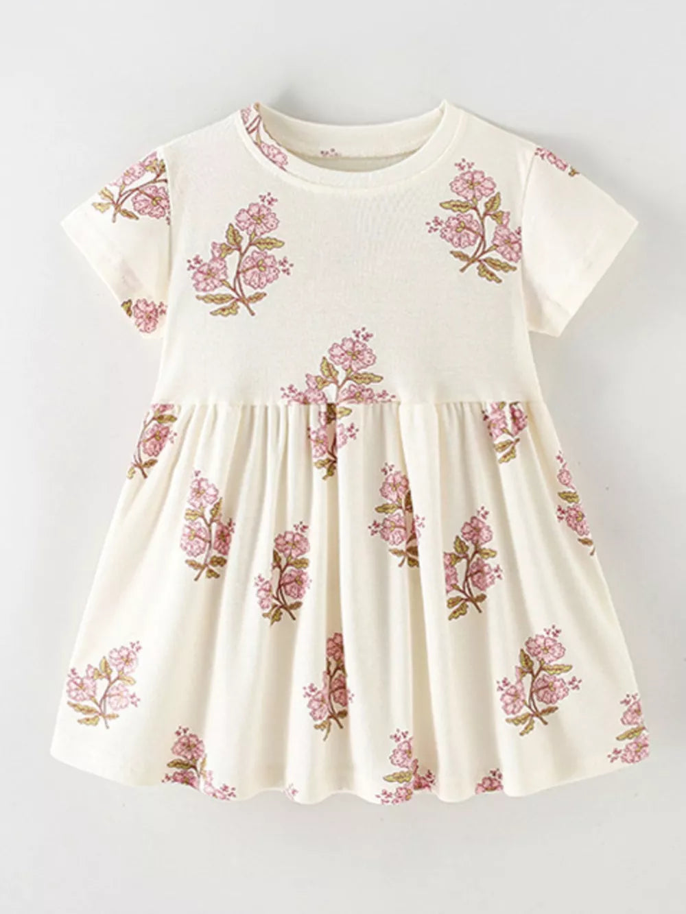 Toddler beige cotton dress with pink floral print and gathered skirt.
