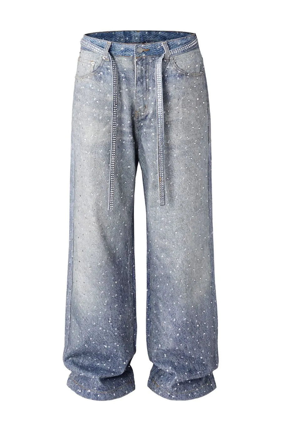 Medium wash wide leg jeans with ombré crystal embellishments and a crystal-embellished belt.