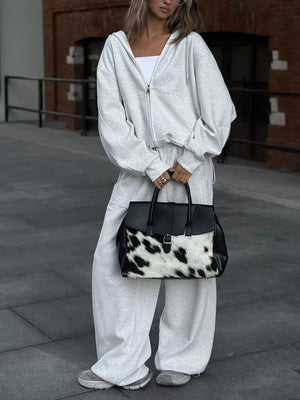 Oversized Zip-up Hoodie And Wide-leg Pants Set in Black