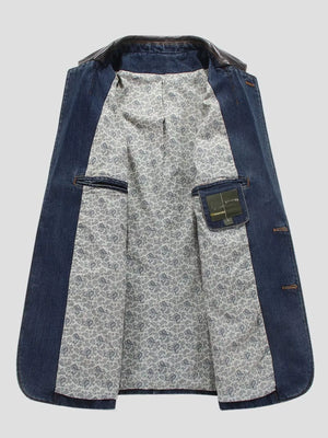 Men's denim blazer with paisley lining and leather collar detail.