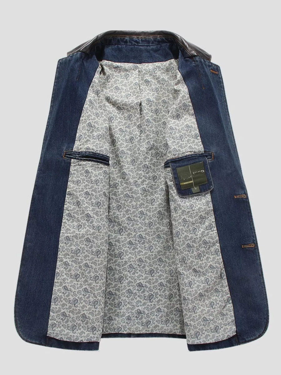 Men's denim blazer with paisley lining and leather collar detail.