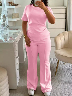 Pink Purple with Round Neck Short Sleeve Top And Pants Set in Pink Purple