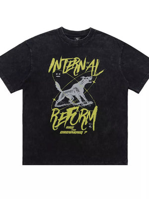 Washed black cotton t-shirt with howling wolf graphic and "INTERNAL REFORM" text.
