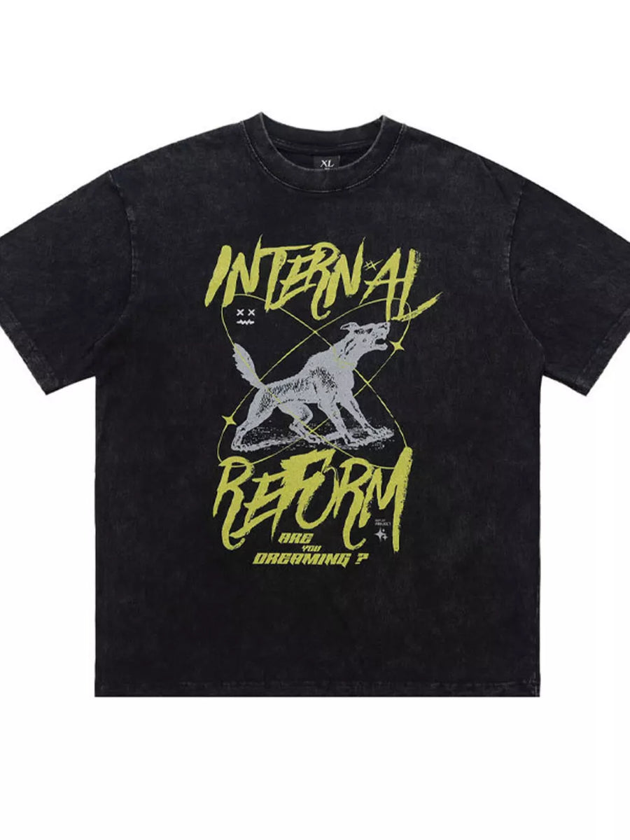 Washed black cotton t-shirt with howling wolf graphic and "INTERNAL REFORM" text.