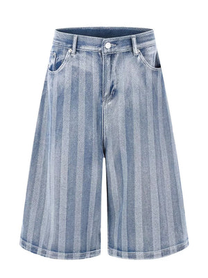 Blue Men's Stripe Wide Leg Denim Capris
