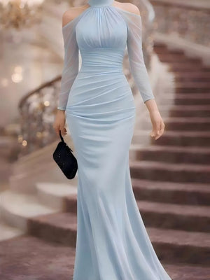 Light blue cold shoulder maxi dress with sheer sleeves and ruched bodice.