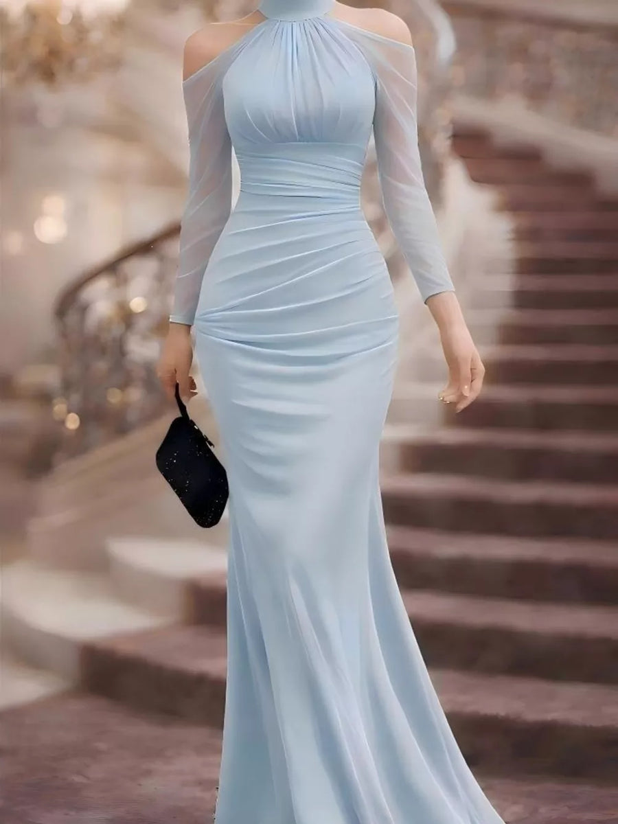 Light blue cold shoulder maxi dress with sheer sleeves and ruched bodice.