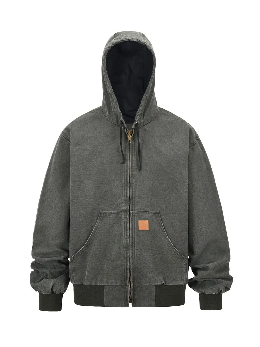 Washed canvas workwear hoodie jacket in charcoal with zip front, hood, and pocket details.