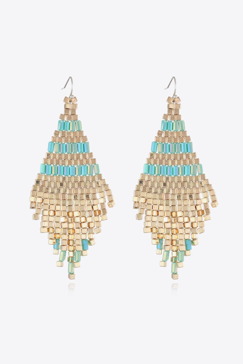 Geometric beaded fringe earrings with gold and turquoise beads