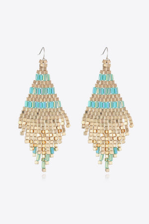 Geometric beaded fringe earrings with gold and turquoise beads