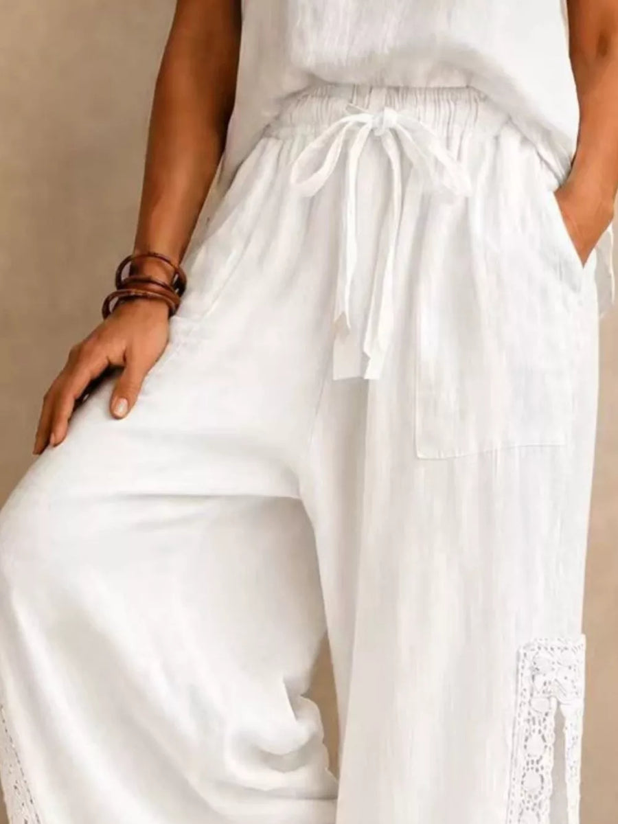 wide-leg pants in White with drawstring waist and full-length