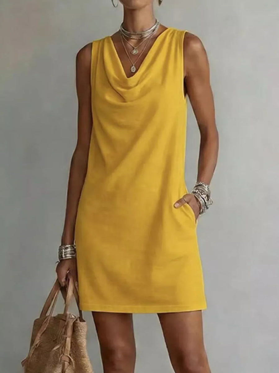Yellow sleeveless mini dress with cowl neck and pockets