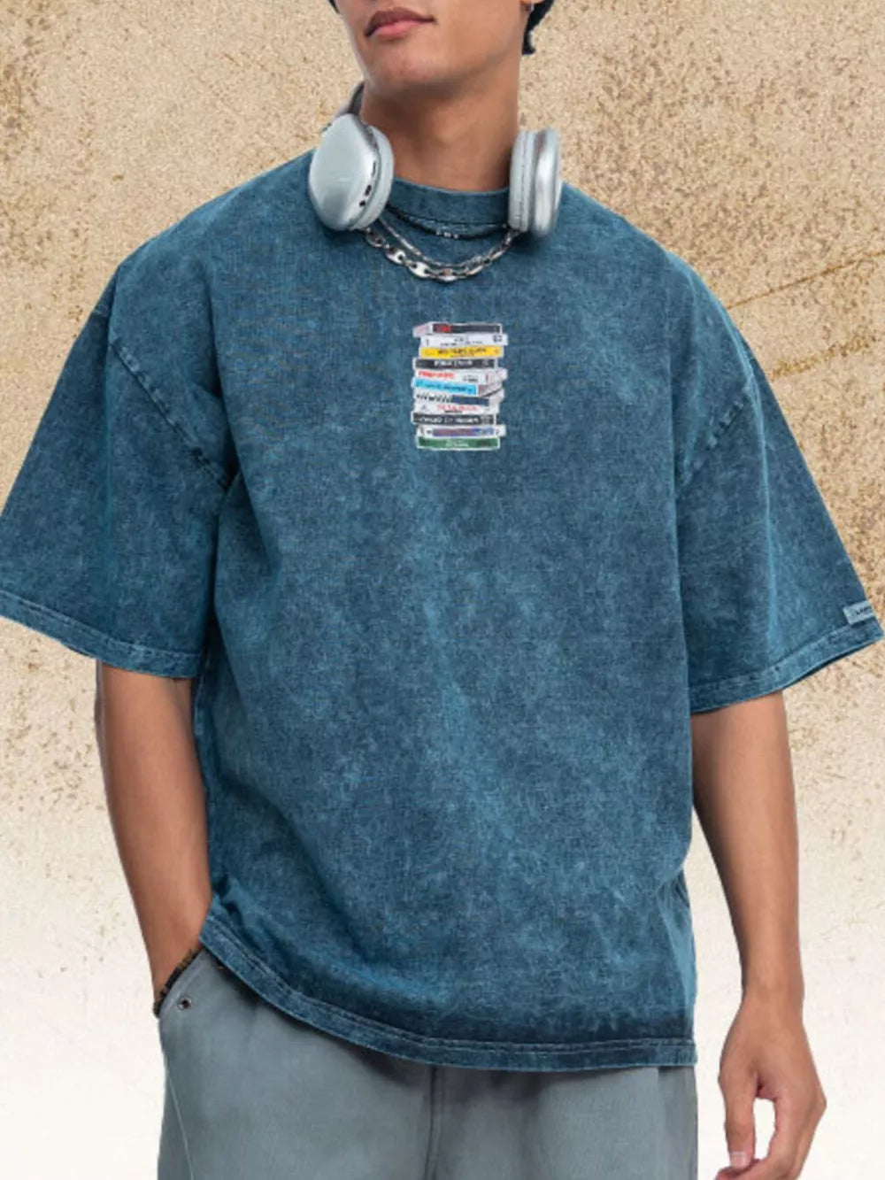 French Blue Men's Vintage Washed Cassette Tape T-shirt