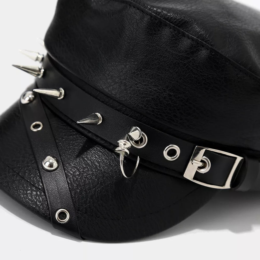 Studded Embellished Faux Leather Hat in black with studded
