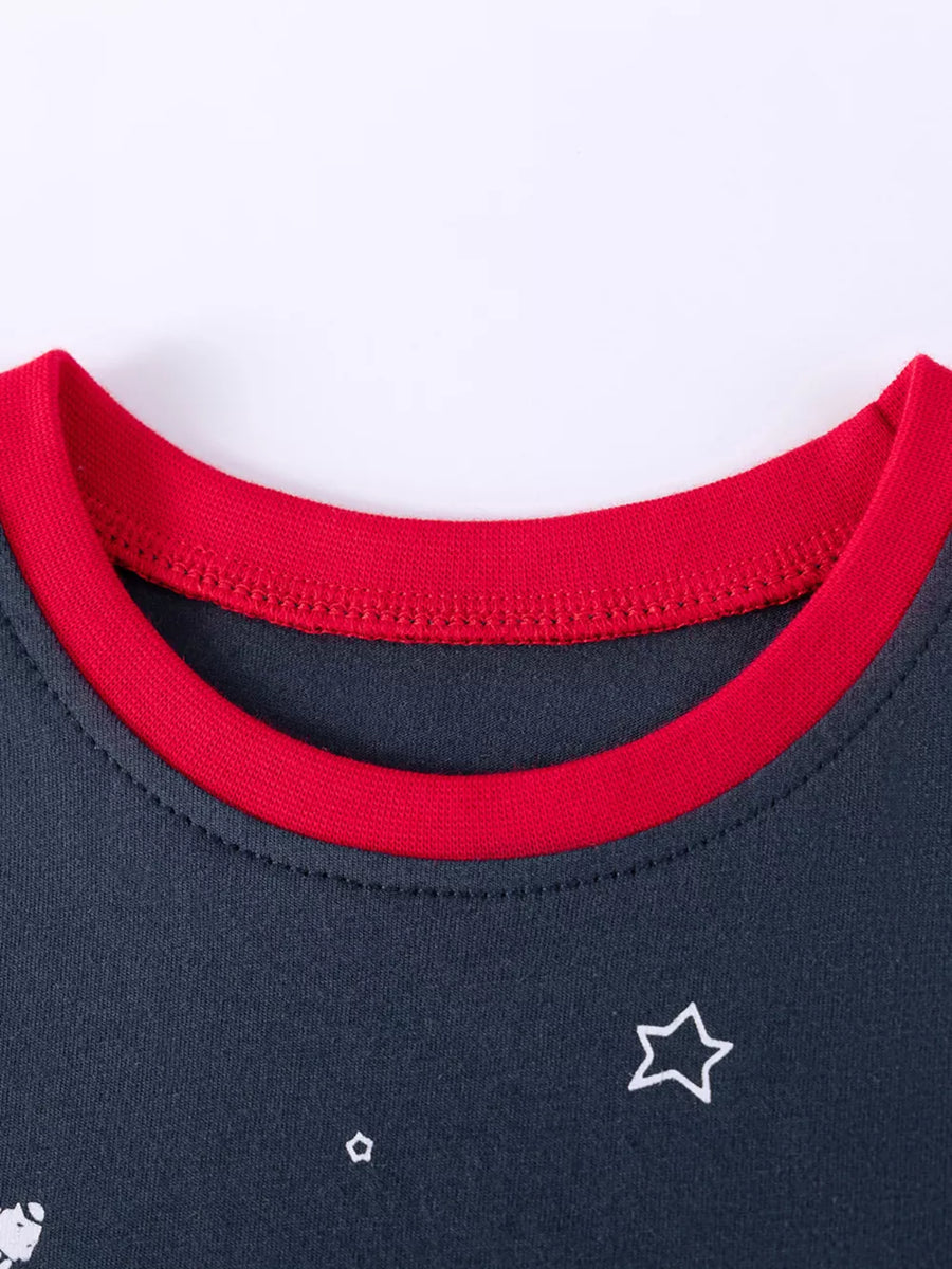 Children's dark gray cotton tee with red ringer neck and star print.