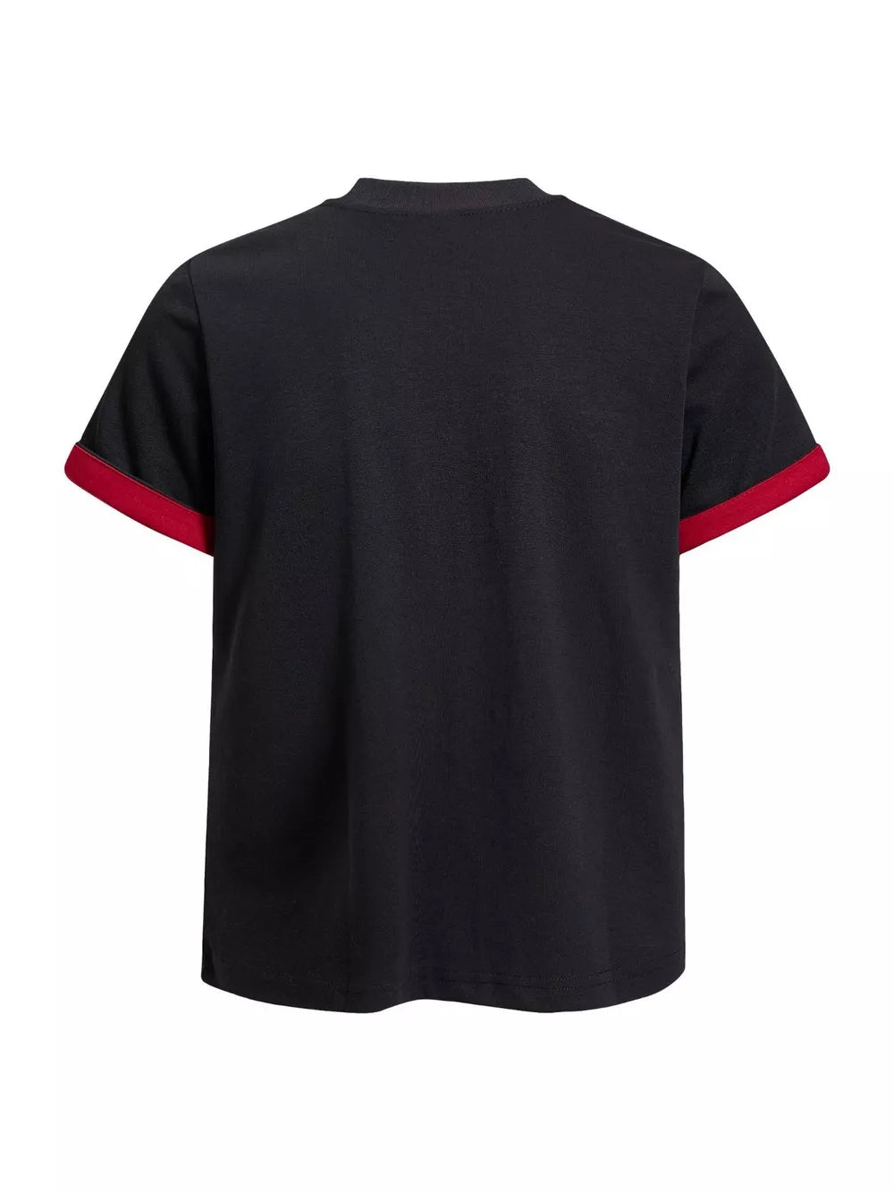red t-shirt featuring graphic print and graphic print