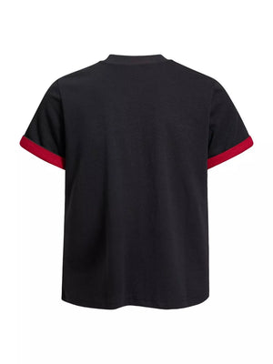 red t-shirt featuring graphic print and graphic print