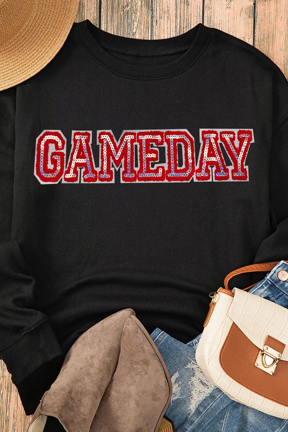 Black crewneck sweatshirt with sequin Gameday appliqué
