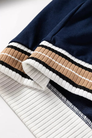 tan sweatshirt with pullover and striped