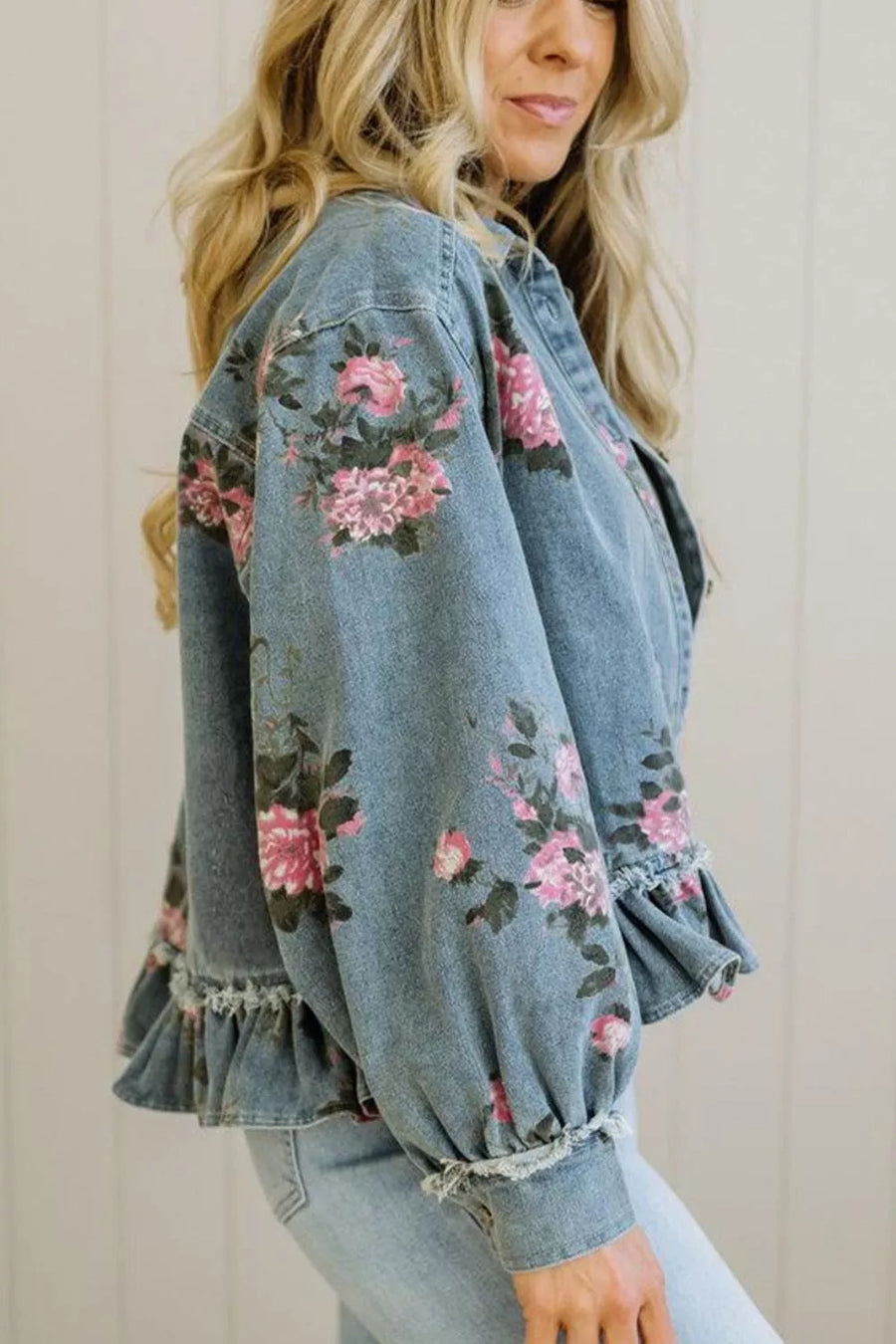 Floral Print Denim Jacket With Ruffled Hem option 3