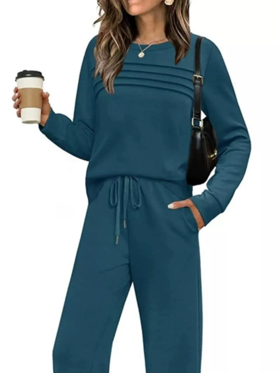 Casual Long Sleeve Crewneck Top & Drawstring Pants Set in Brown