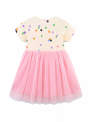 Toddler polka dot dress with pink tulle skirt and short sleeves.