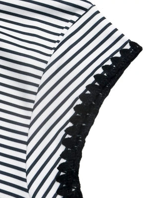Black and white striped tee with crochet trim sleeve detail
