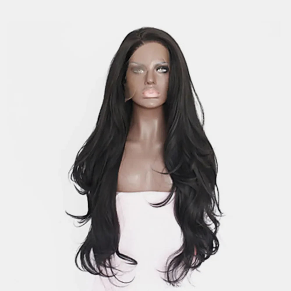 Black voluminous lace front wig with long, wavy layers styled casually.