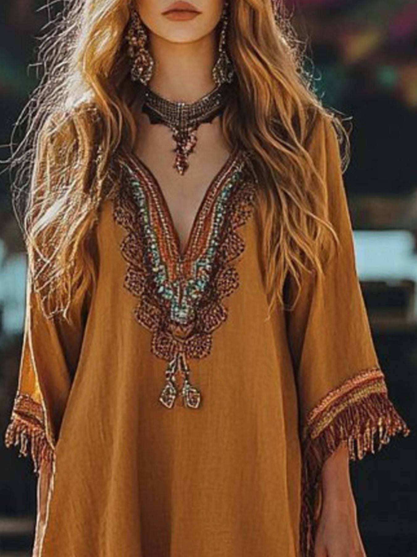Embroidered bohemian mini dress in mustard yellow with V-neck, fringed sleeves and colorful neckline detail.
