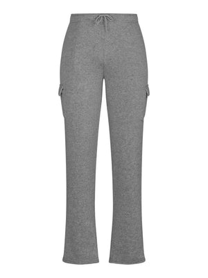 Gray fleece cargo joggers with drawstring waist and side pockets.