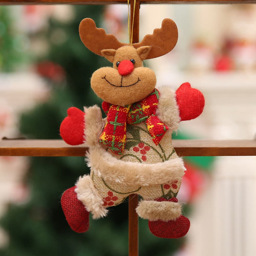 Plush reindeer Christmas ornament with red scarf and mittens, festive holiday decor