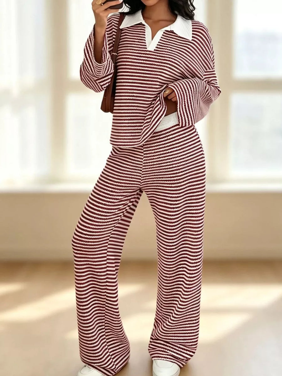 Khaki Striped Long Sleeve Polo And Wide-leg Pants Set