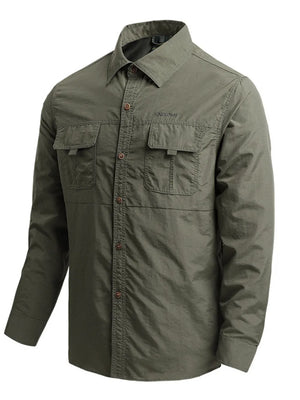 Grey button-down shirt with hip-length and button-front