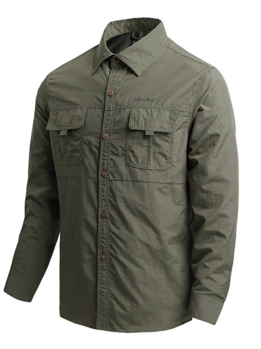 Grey button-down shirt with hip-length and button-front
