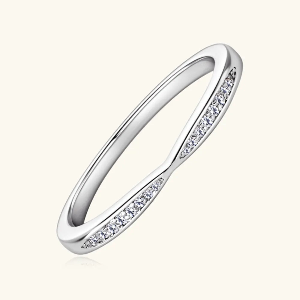 Silver moissanite chevron contour band ring with pavé set stones