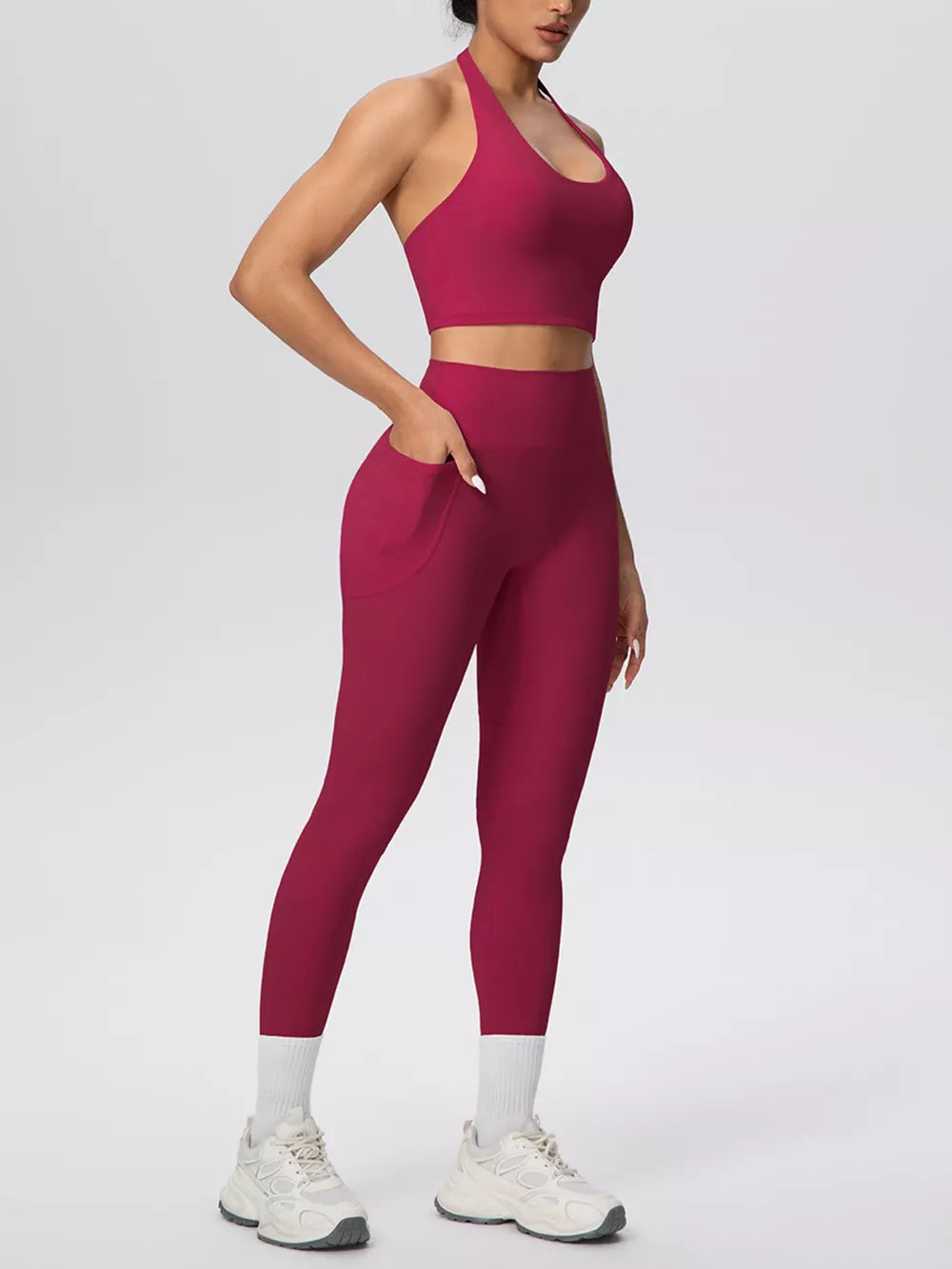 Halter Neck Crop Top And High-waisted Leggings Set in Light Blue with pocketed