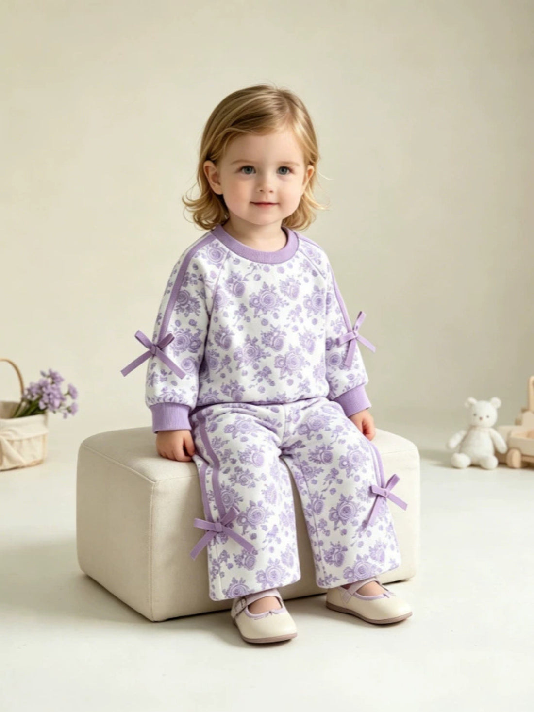 cream lounge set with floral and round neck