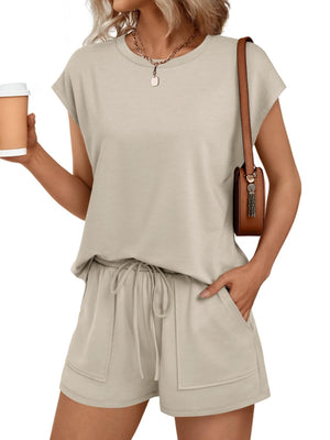 Khaki round neck cap sleeve loungewear set with drawstring shorts and pockets.