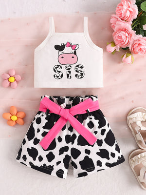 Baby cow print tank top and shorts set with pink bow detail and matching belt.